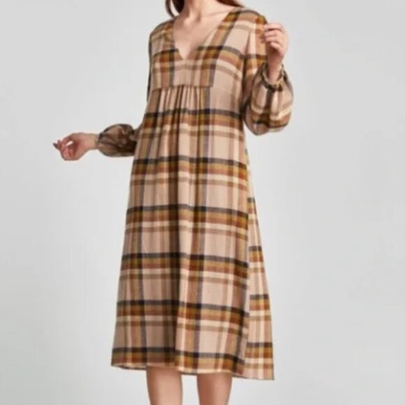 Zara Plaid Long Sleeve V-Neck Dress with Pockets - Picture 2 of 7